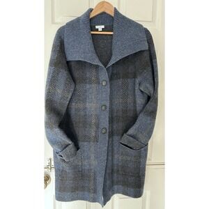 J. Jill Ribbed-Collar Plaid Sweater-Jacket Blue‎ Women's Size Large Wool Blend